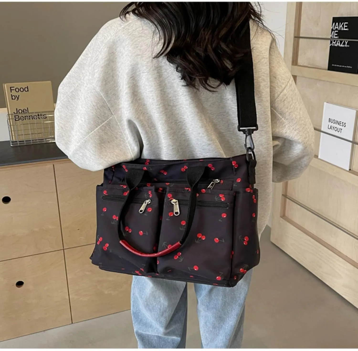 Women's Cherry Print Tote Bag Large Capacity Nylon Crossbody Shoulder Bag with Multiple Pockets for Work, Travel & Daily Use