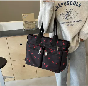 Women's Cherry Print Tote Bag Large Capacity Nylon Crossbody Shoulder Bag with Multiple Pockets for Work, Travel & Daily Use