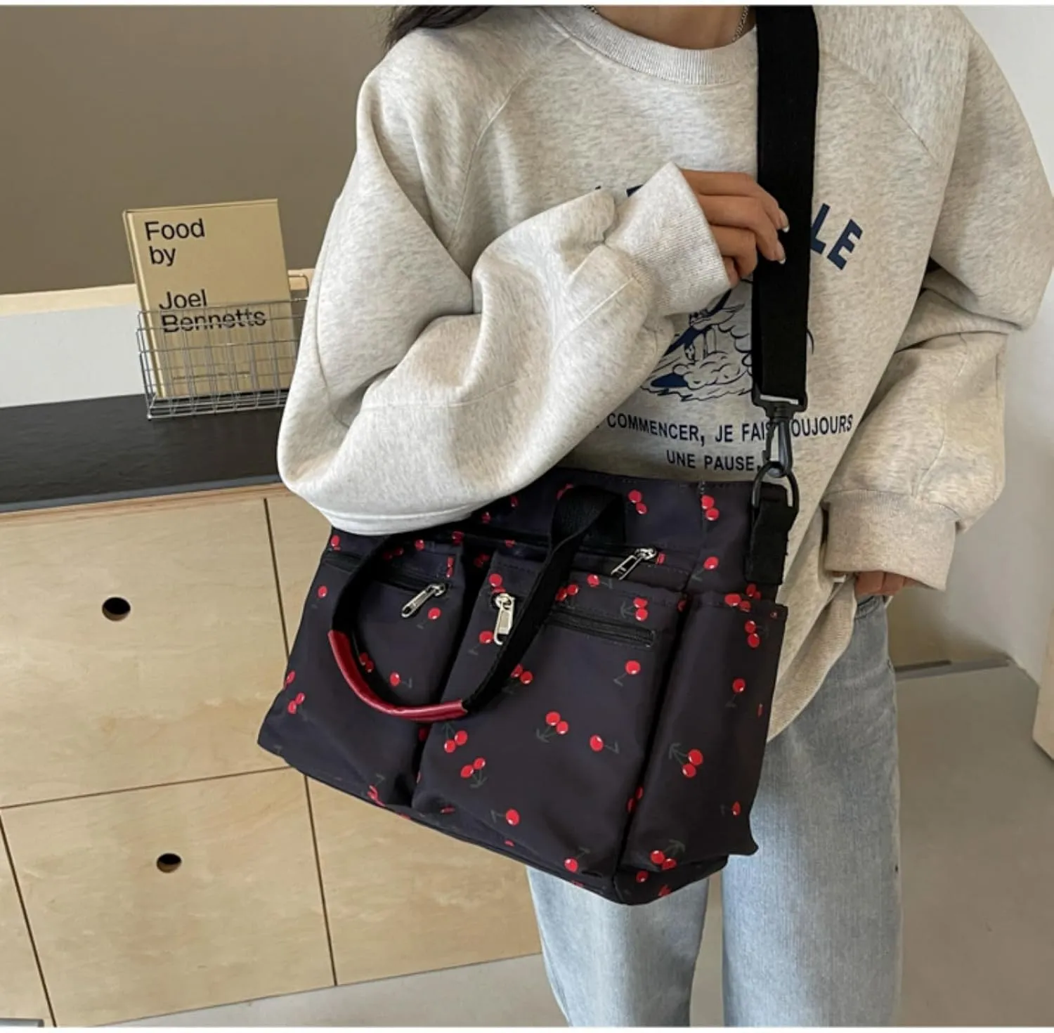 Women's Cherry Print Tote Bag Large Capacity Nylon Crossbody Shoulder Bag with Multiple Pockets for Work, Travel & Daily Use