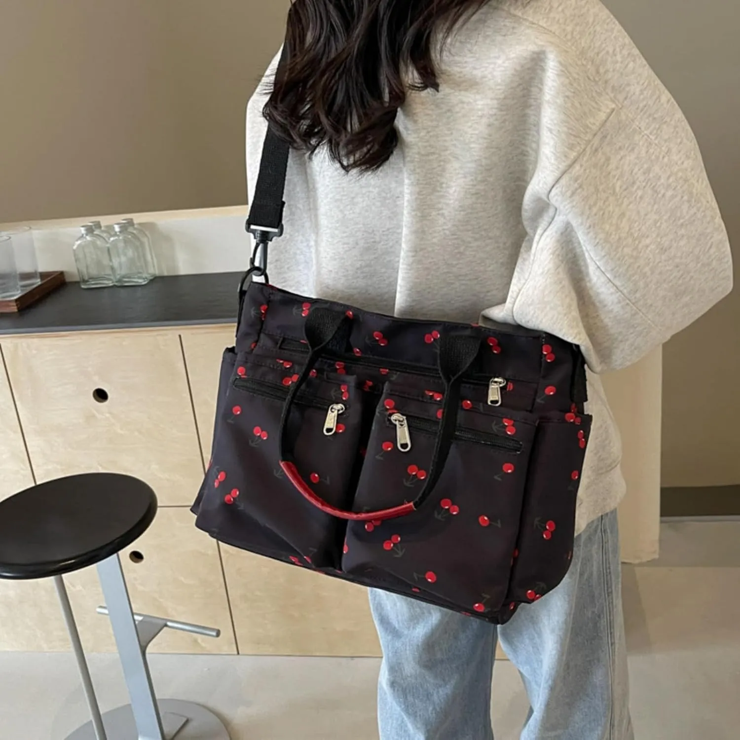 Women's Cherry Print Tote Bag Large Capacity Nylon Crossbody Shoulder Bag with Multiple Pockets for Work, Travel & Daily Use