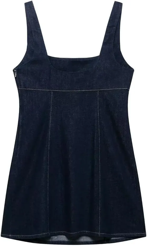 Women's Denim Slim Square Neck Wide Shoulder Strap Short Sleeveless Jeans Dress