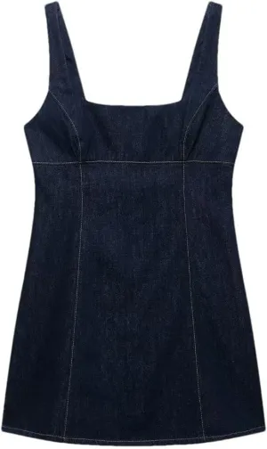 Women's Denim Slim Square Neck Wide Shoulder Strap Short Sleeveless Jeans Dress