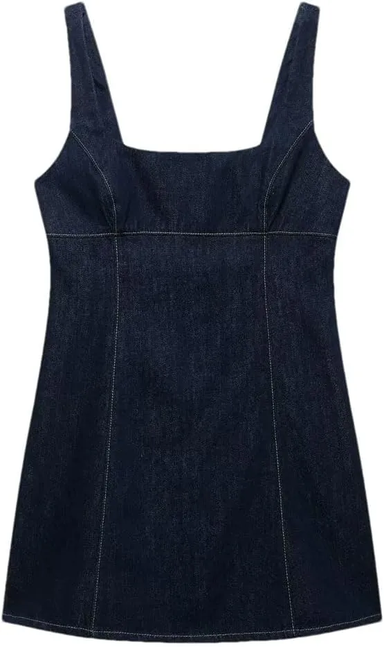 Women's Denim Slim Square Neck Wide Shoulder Strap Short Sleeveless Jeans Dress