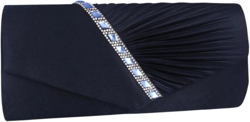Womens Evening Bag Satin Pleated Rhinestone Elegant Flap Clutch Purse