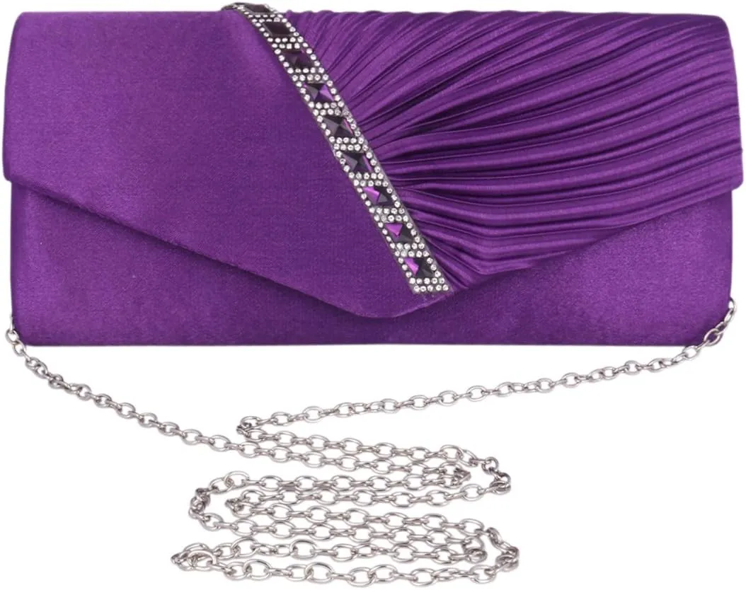 Womens Evening Bag Satin Pleated Rhinestone Elegant Flap Clutch Purse