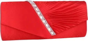 Womens Evening Bag Satin Pleated Rhinestone Elegant Flap Clutch Purse