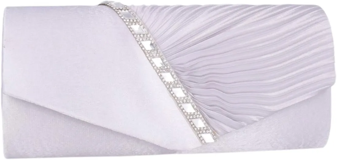 Womens Evening Bag Satin Pleated Rhinestone Elegant Flap Clutch Purse