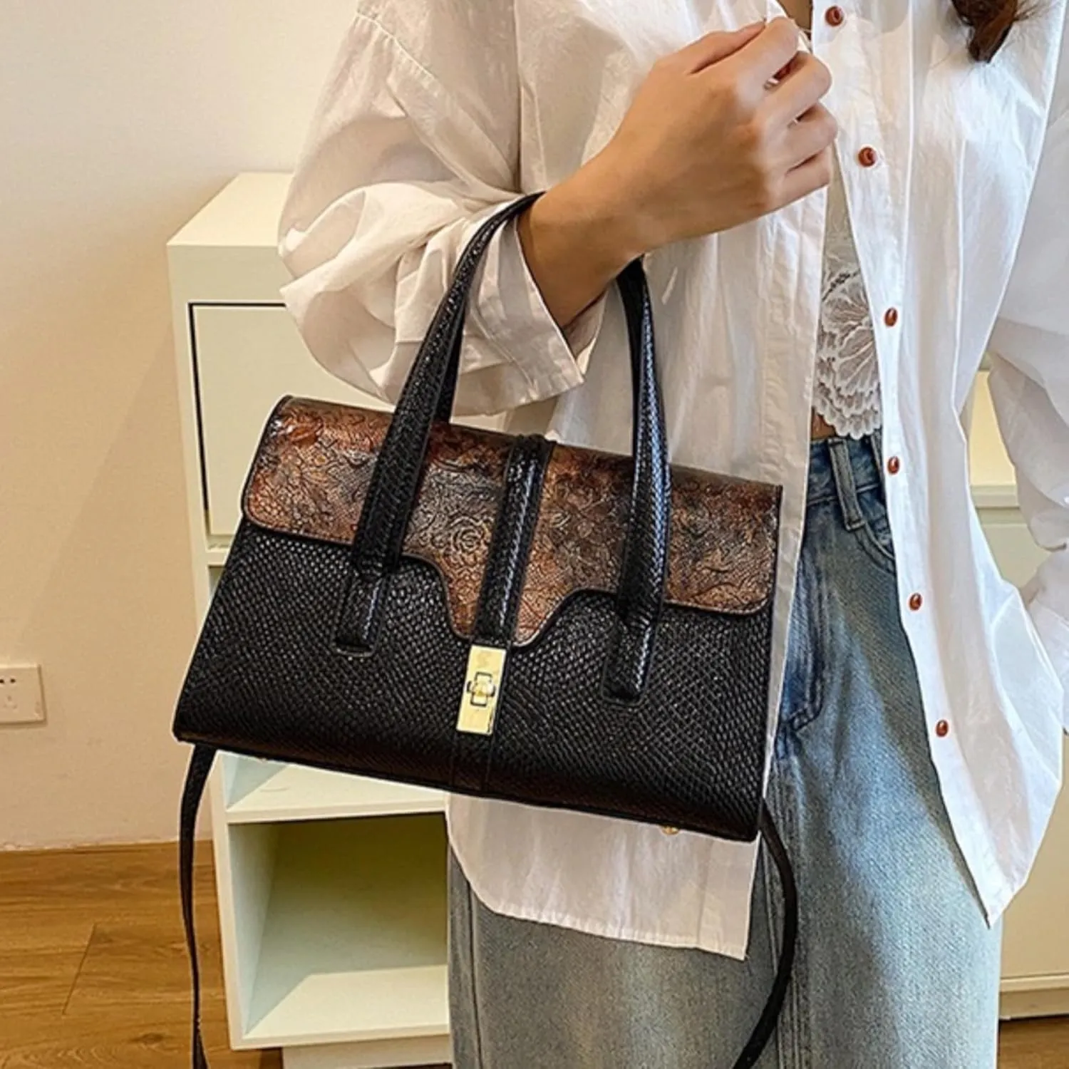 Womens Fashion Snakeskin Evening Handbag Top Handle Clutch Purse Chain Shoulder Cross-body Bag