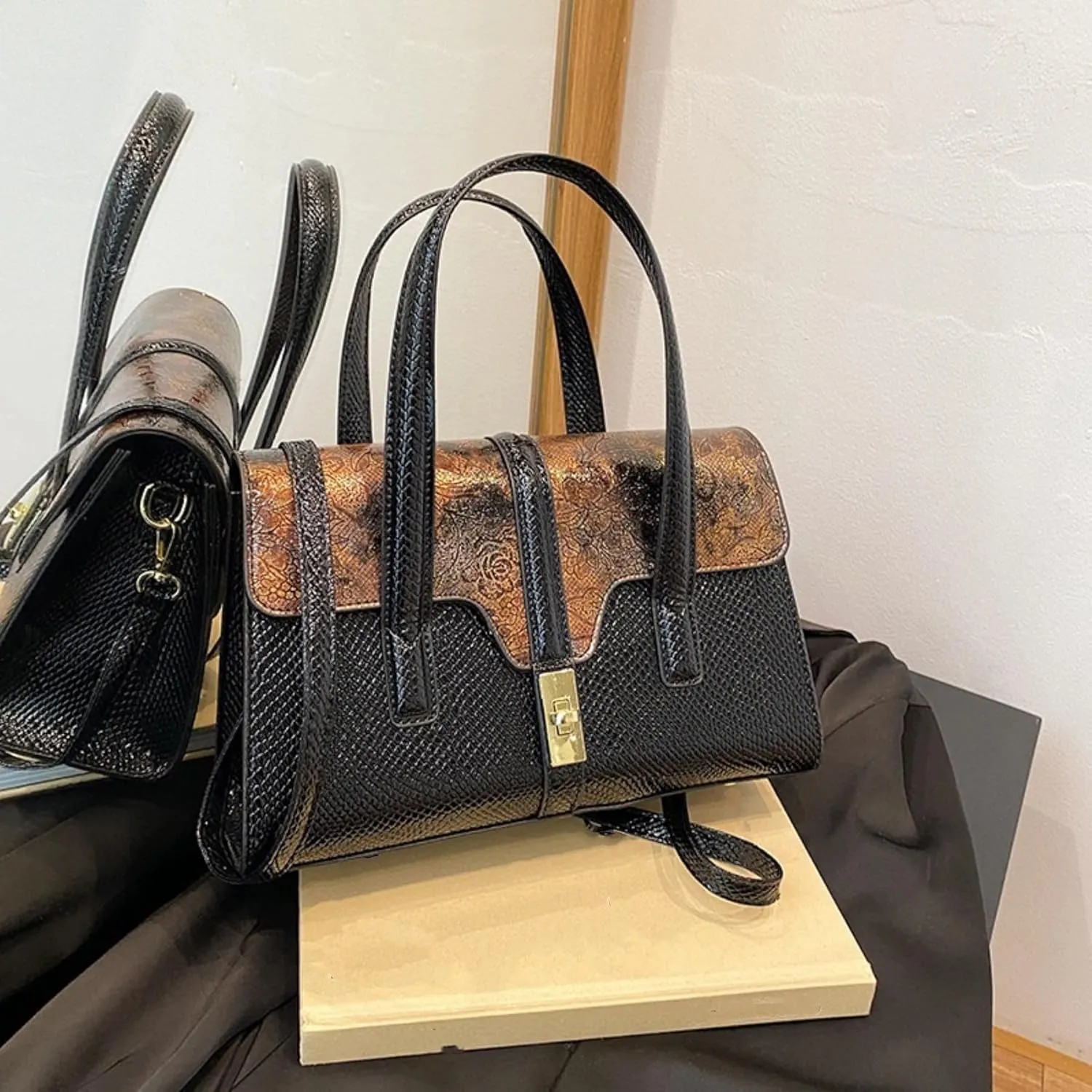 Womens Fashion Snakeskin Evening Handbag Top Handle Clutch Purse Chain Shoulder Cross-body Bag
