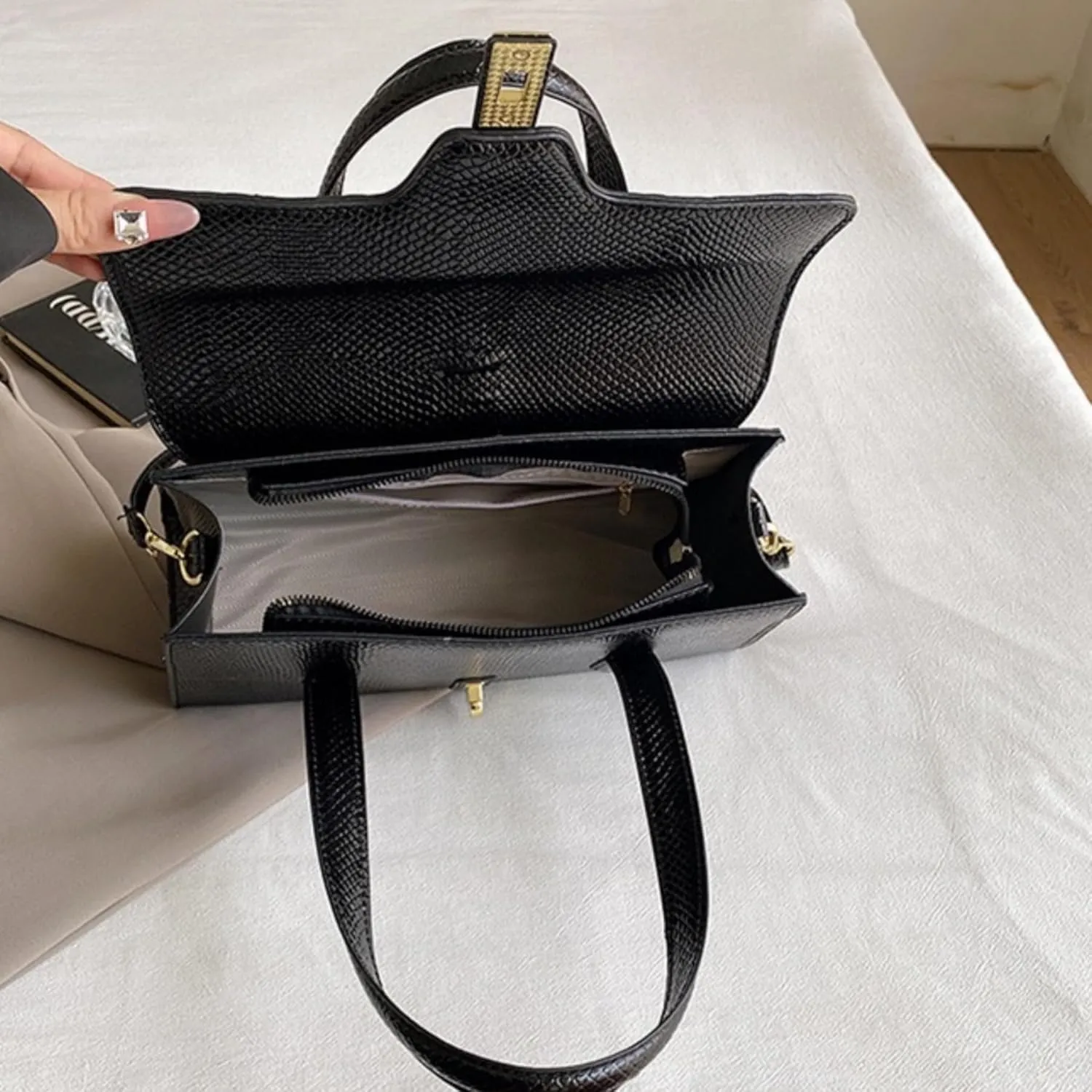 Womens Fashion Snakeskin Evening Handbag Top Handle Clutch Purse Chain Shoulder Cross-body Bag