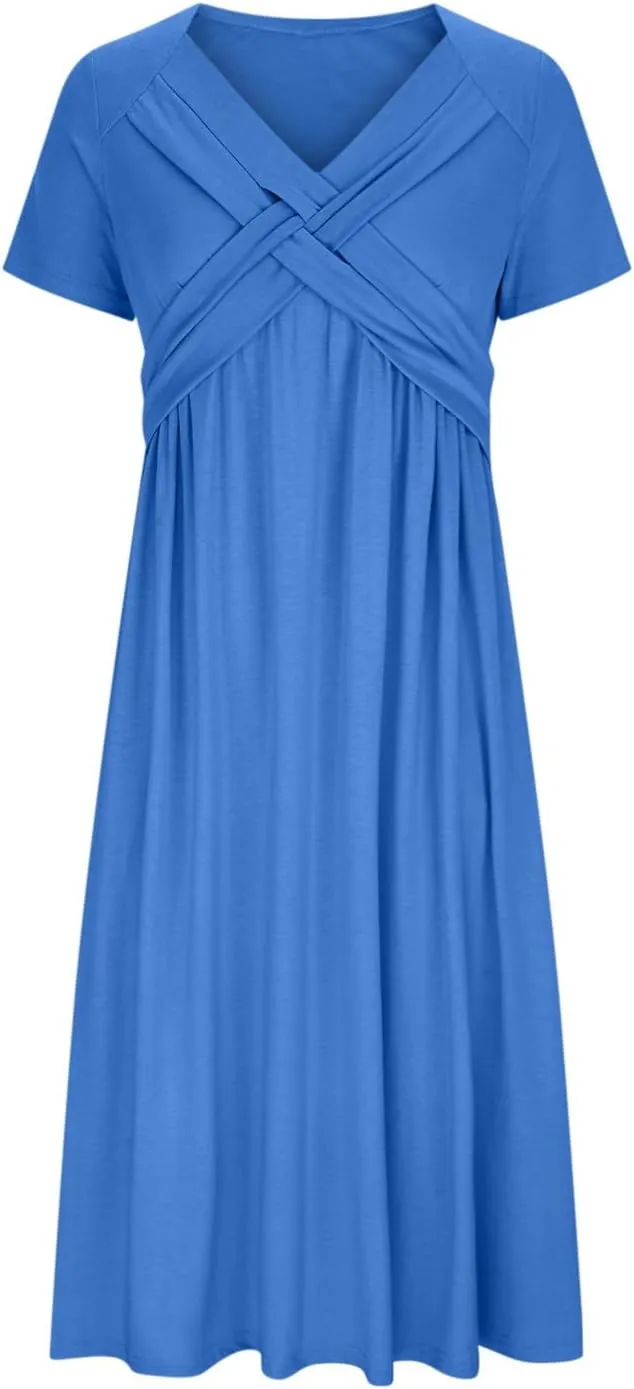 Womens Fashion Summer Dresses Casual Solid Color Crisscross Pleated Short Sleeve Beach Dress V-Neck Vacation Clothes