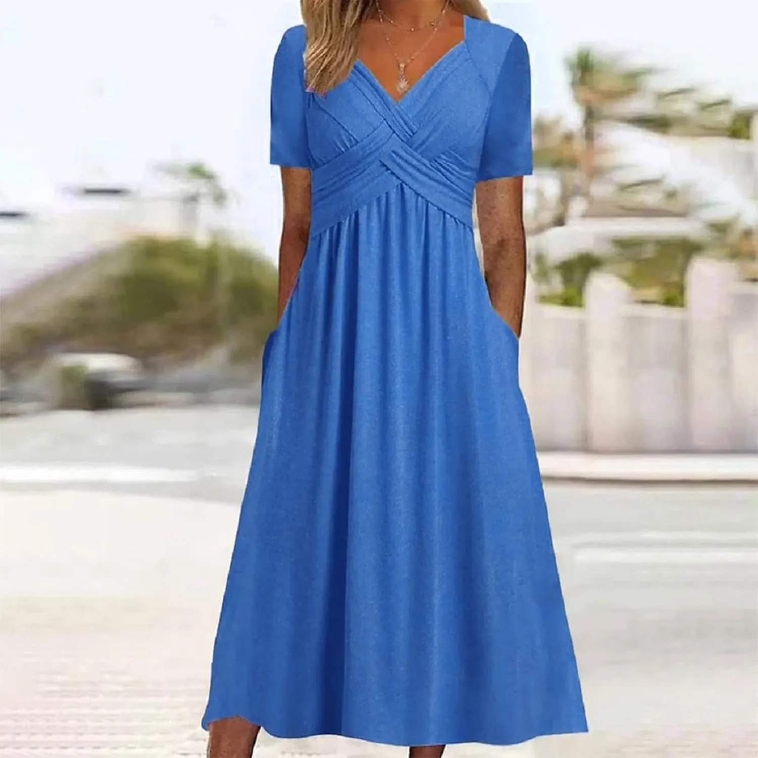 Womens Fashion Summer Dresses Casual Solid Color Crisscross Pleated Short Sleeve Beach Dress V-Neck Vacation Clothes