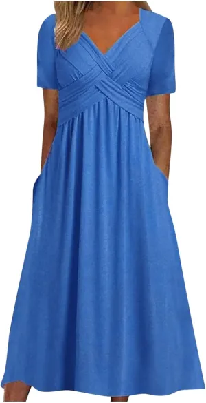 Womens Fashion Summer Dresses Casual Solid Color Crisscross Pleated Short Sleeve Beach Dress V-Neck Vacation Clothes