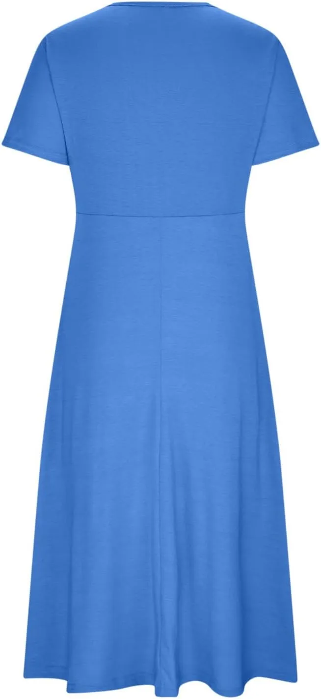 Womens Fashion Summer Dresses Casual Solid Color Crisscross Pleated Short Sleeve Beach Dress V-Neck Vacation Clothes