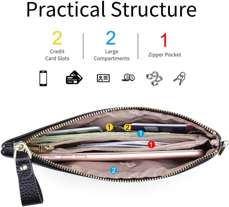Women's Genuine Leather Wristlet Clutch Purse Small Pouch Bag Cell Phone Wallet Handbag with Strap