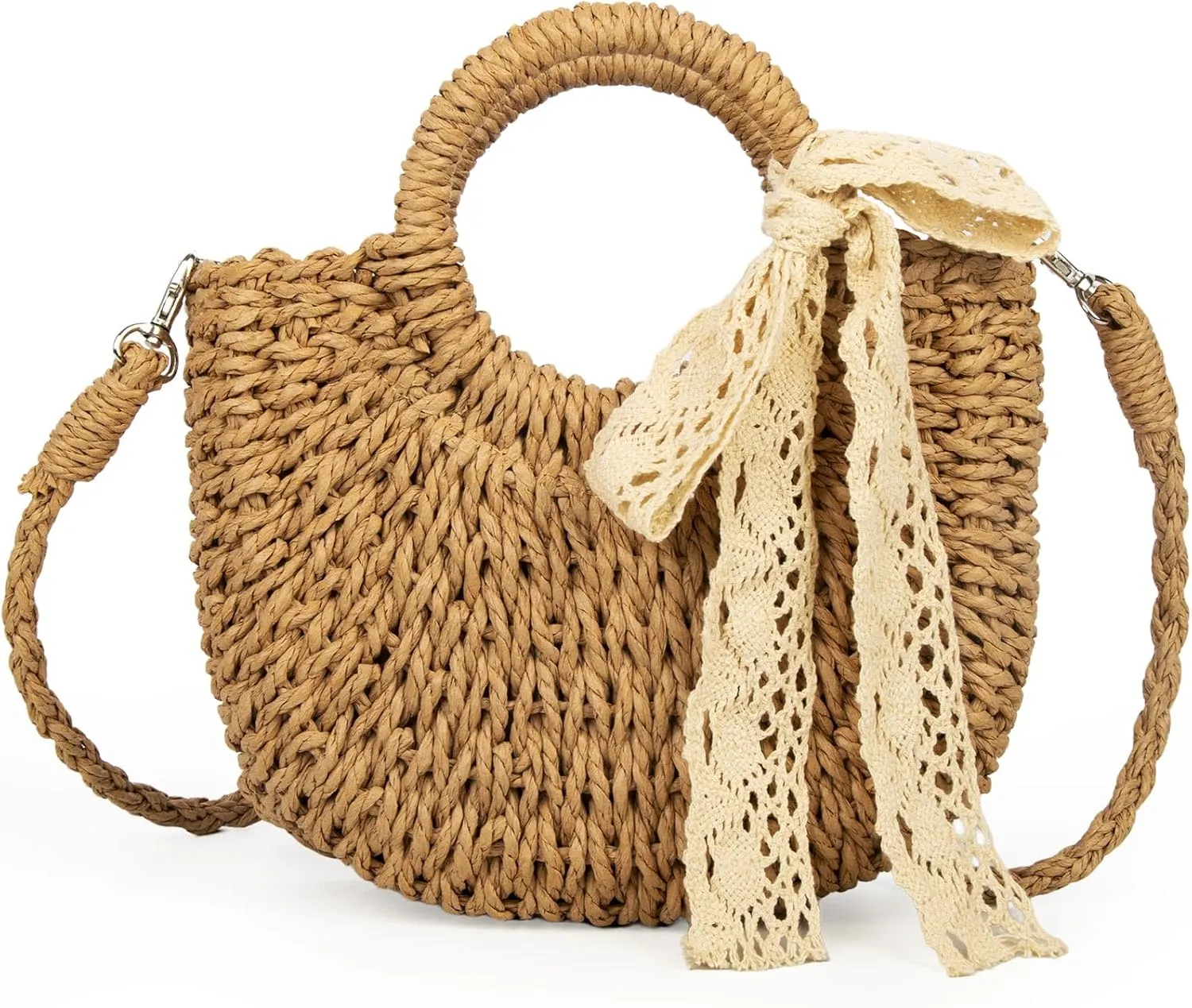 Women's Handbag Summer Beach Bag Straw Tote Crossbody Elegant Design Summer Beach and Vacation Use Beige and Khaki