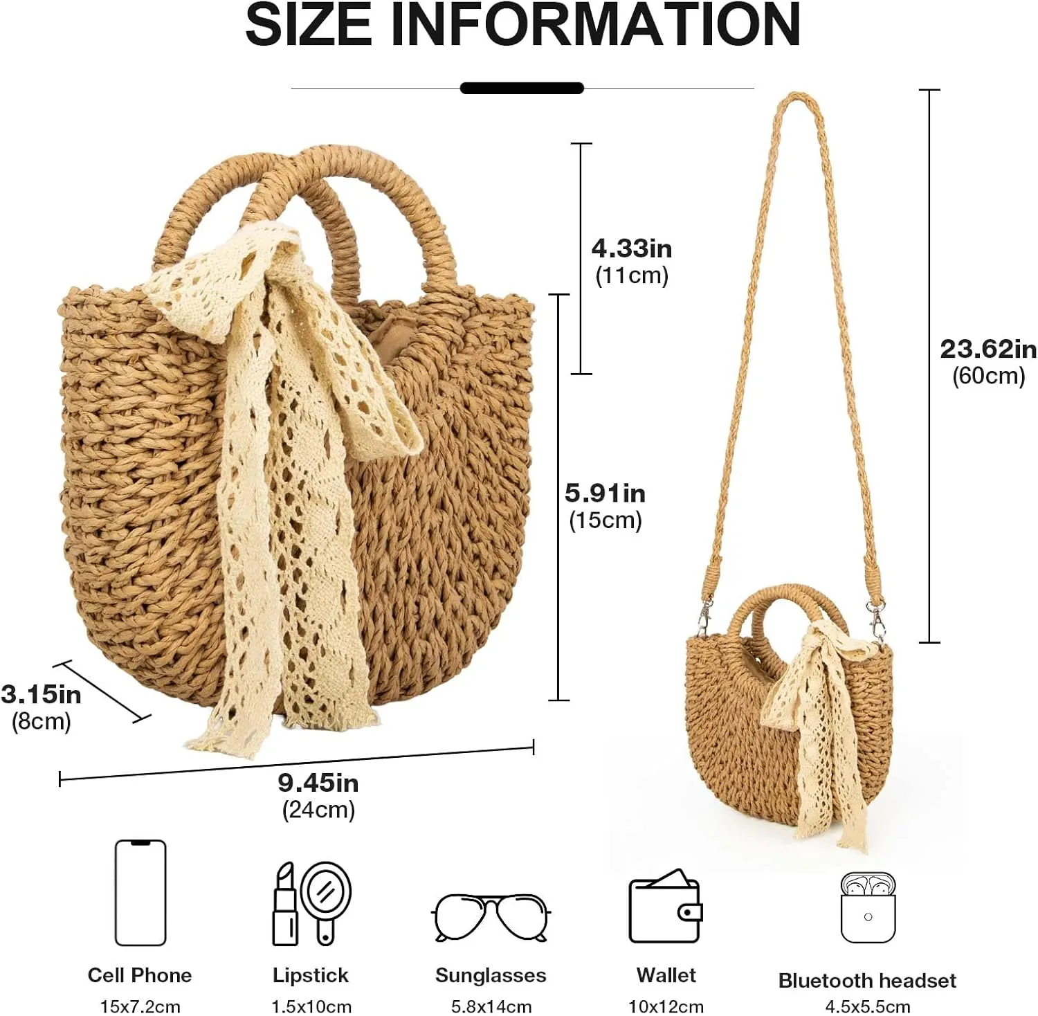 Women's Handbag Summer Beach Bag Straw Tote Crossbody Elegant Design Summer Beach and Vacation Use Beige and Khaki