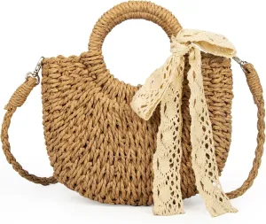 Women's Handbag Summer Beach Bag Straw Tote Crossbody Elegant Design Summer Beach and Vacation Use Beige and Khaki