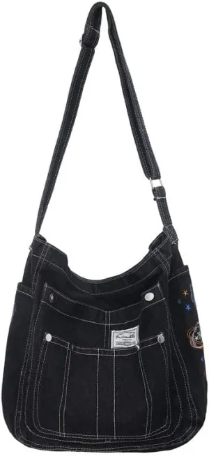 Women's Japanese Retro Denim Shoulder Bag Harajuku Vintage Academic Crossbody Bag Hobo Grunge Hippie Schoolbag (black)