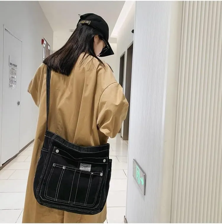Women's Japanese Retro Denim Shoulder Bag Harajuku Vintage Academic Crossbody Bag Hobo Grunge Hippie Schoolbag (black)