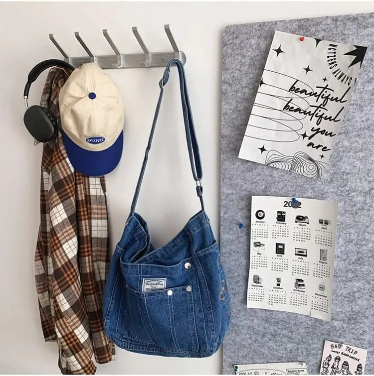 Women's Japanese Retro Denim Shoulder Bag Harajuku Vintage Academic Crossbody Bag Hobo Grunge Hippie Schoolbag (light blue)