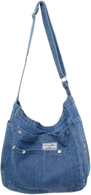 Women's Japanese Retro Denim Shoulder Bag Harajuku Vintage Academic Crossbody Bag Hobo Grunge Hippie Schoolbag (light blue)