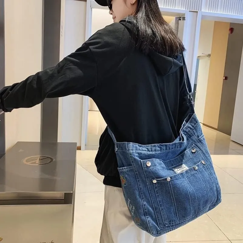 Women's Japanese Retro Denim Shoulder Bag Harajuku Vintage Academic Crossbody Bag Hobo Grunge Hippie Schoolbag (light blue)