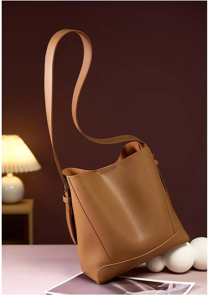 Women's Leather Shoulder Crossbody Bucket Bag, Large Capacity Cowhide Handbag