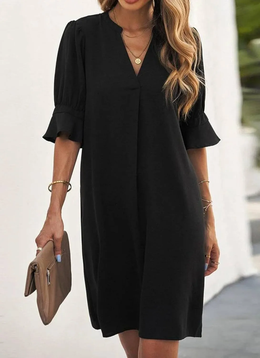 Womens Mini Dress V-Neck Short Sleeve with Bell Cuffs Black Casual Elegant 2025 Spring Summer Daily Office Dress