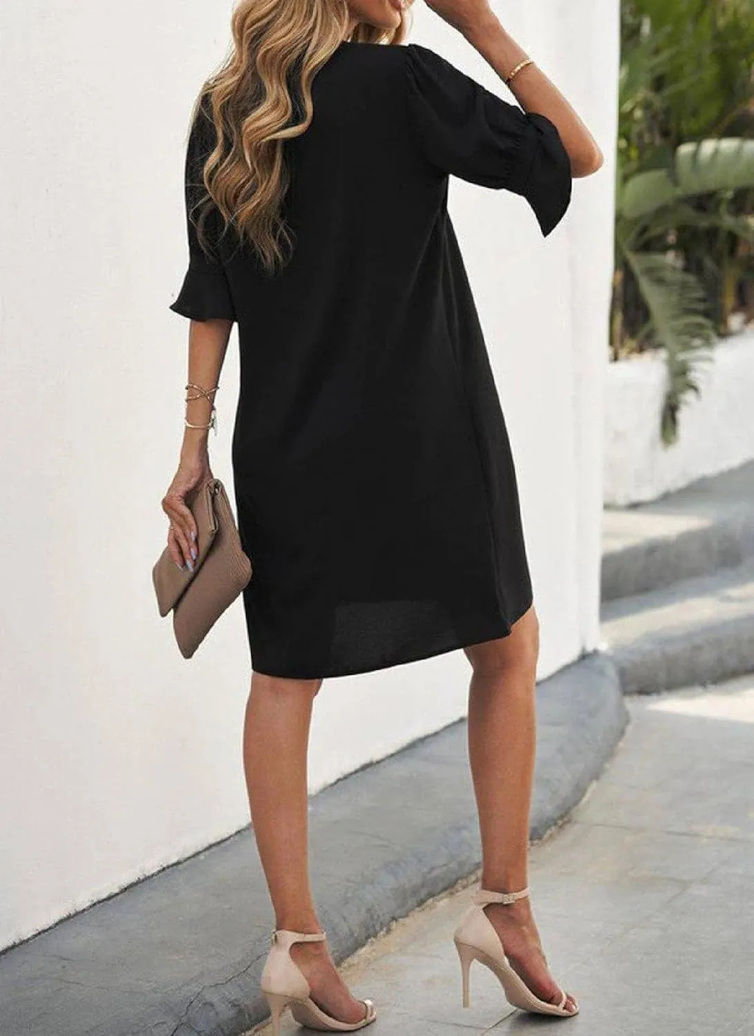 Womens Mini Dress V-Neck Short Sleeve with Bell Cuffs Black Casual Elegant 2025 Spring Summer Daily Office Dress