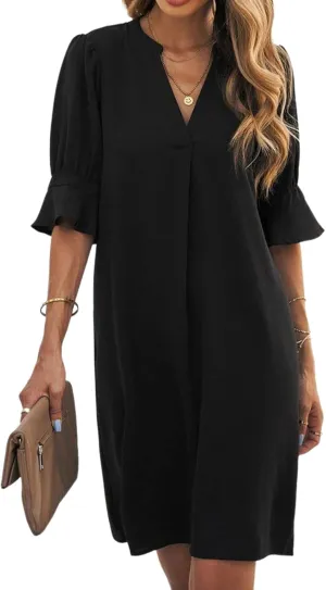 Womens Mini Dress V-Neck Short Sleeve with Bell Cuffs Black Casual Elegant 2025 Spring Summer Daily Office Dress