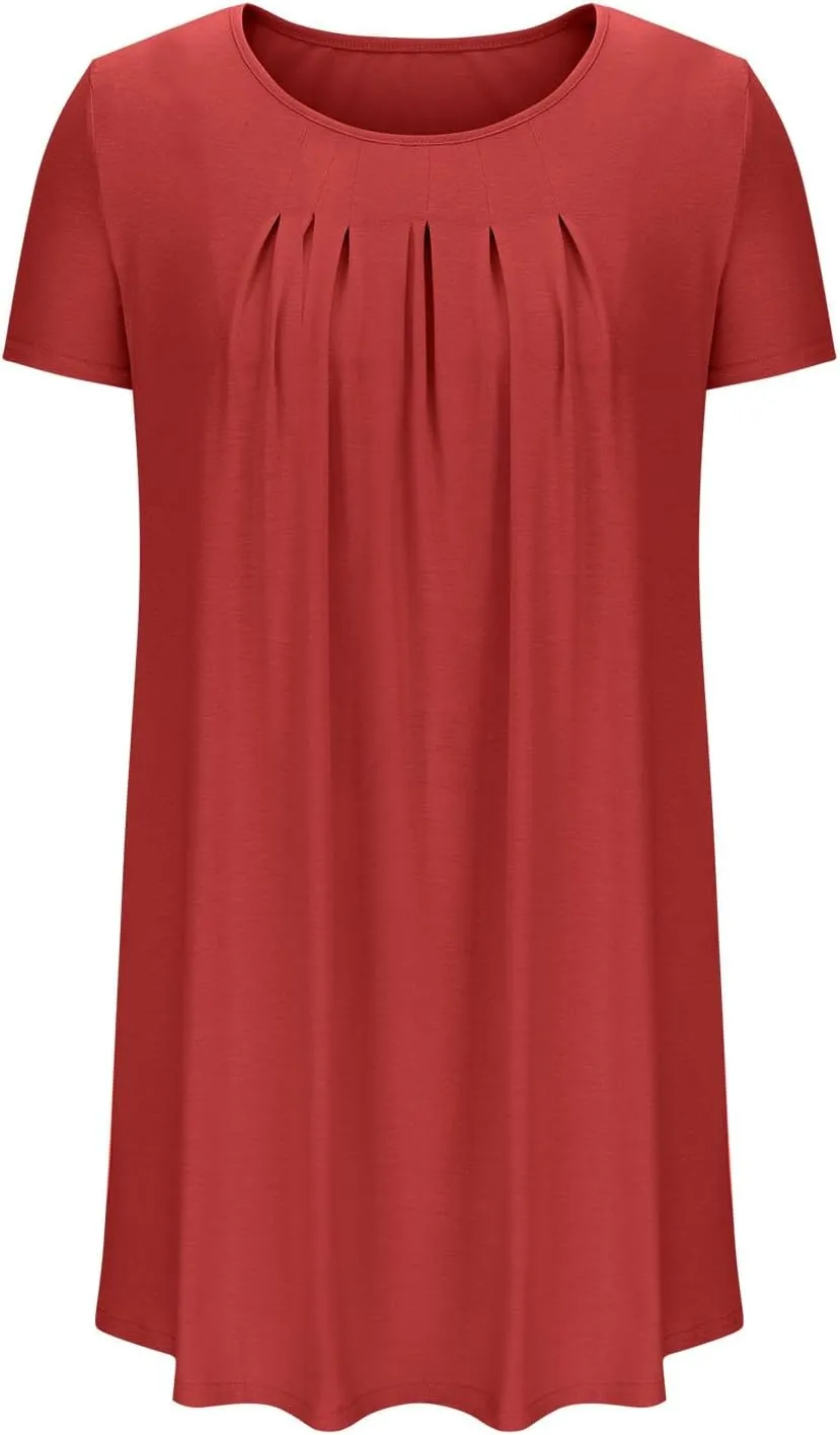 Womens Pleated Front Summer Dresses Casual Short Sleeve T Shirts Dress Cover Ups with Pockets Beach Vacation Outfits