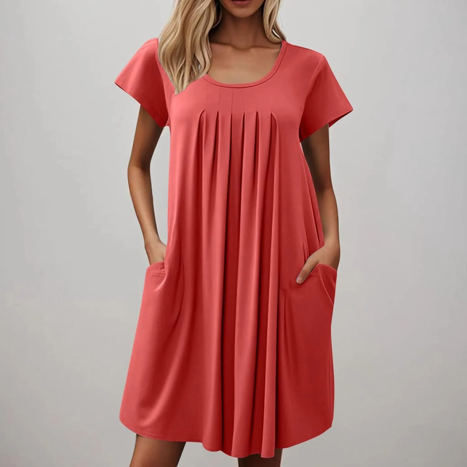Womens Pleated Front Summer Dresses Casual Short Sleeve T Shirts Dress Cover Ups with Pockets Beach Vacation Outfits