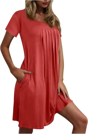Womens Pleated Front Summer Dresses Casual Short Sleeve T Shirts Dress Cover Ups with Pockets Beach Vacation Outfits