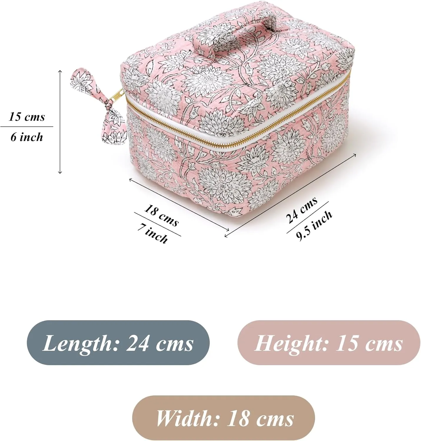 Women’s Quilted Makeup Bag with Handle, Large Capacity Cosmetic Bags, Beauty Essentials & Travel Storage Bag For Womens & Girls (Pink)
