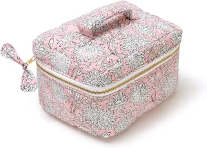 Women’s Quilted Makeup Bag with Handle, Large Capacity Cosmetic Bags, Beauty Essentials & Travel Storage Bag For Womens & Girls (Pink)