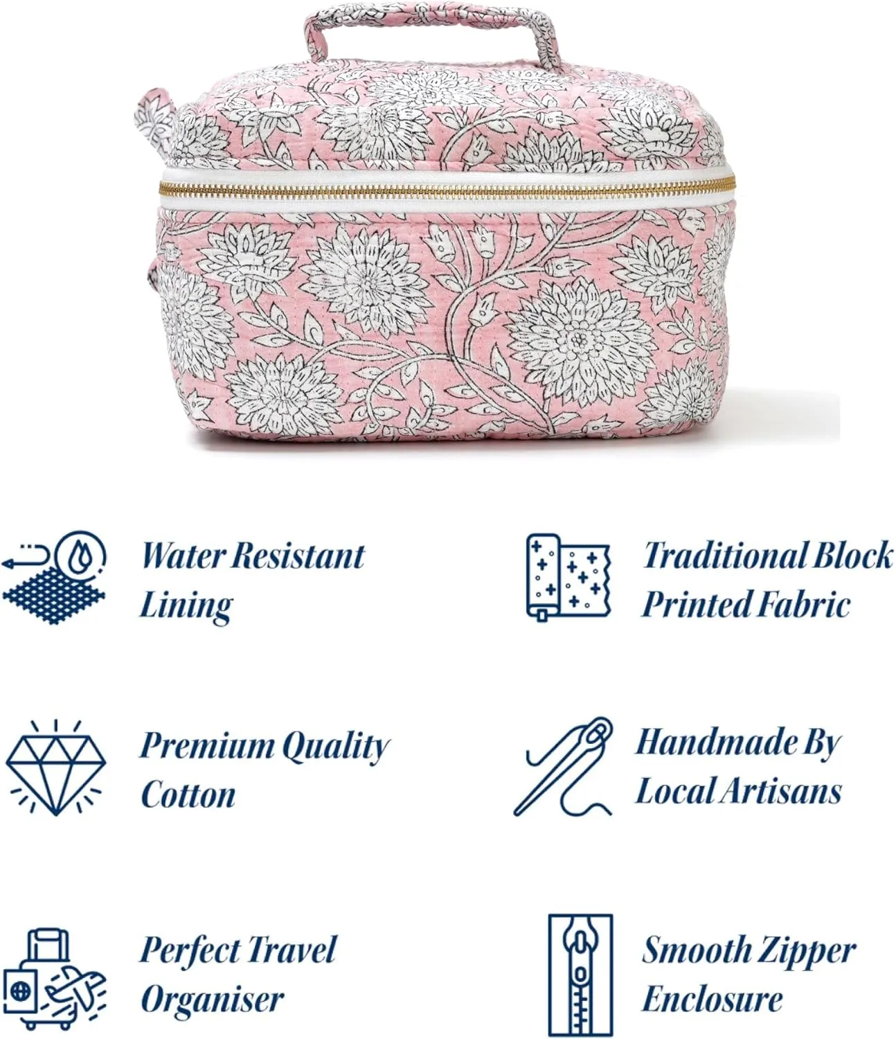 Women’s Quilted Makeup Bag with Handle, Large Capacity Cosmetic Bags, Beauty Essentials & Travel Storage Bag For Womens & Girls (Pink)