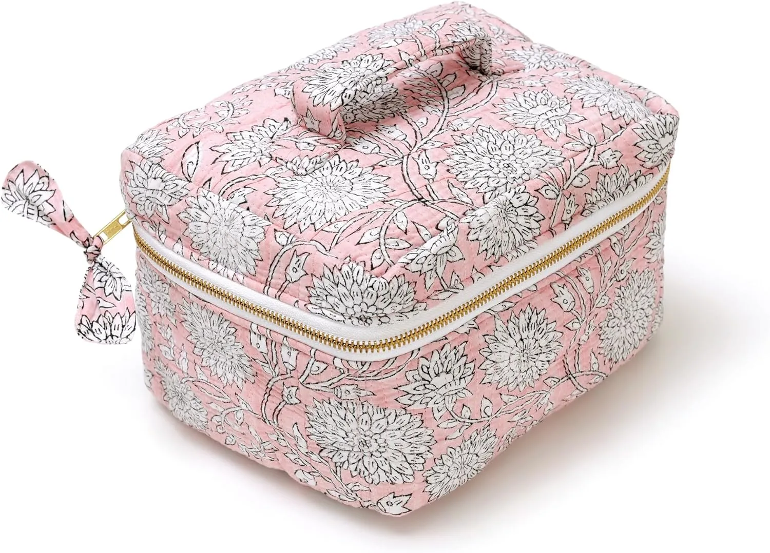 Women’s Quilted Makeup Bag with Handle, Large Capacity Cosmetic Bags, Beauty Essentials & Travel Storage Bag For Womens & Girls (Pink)