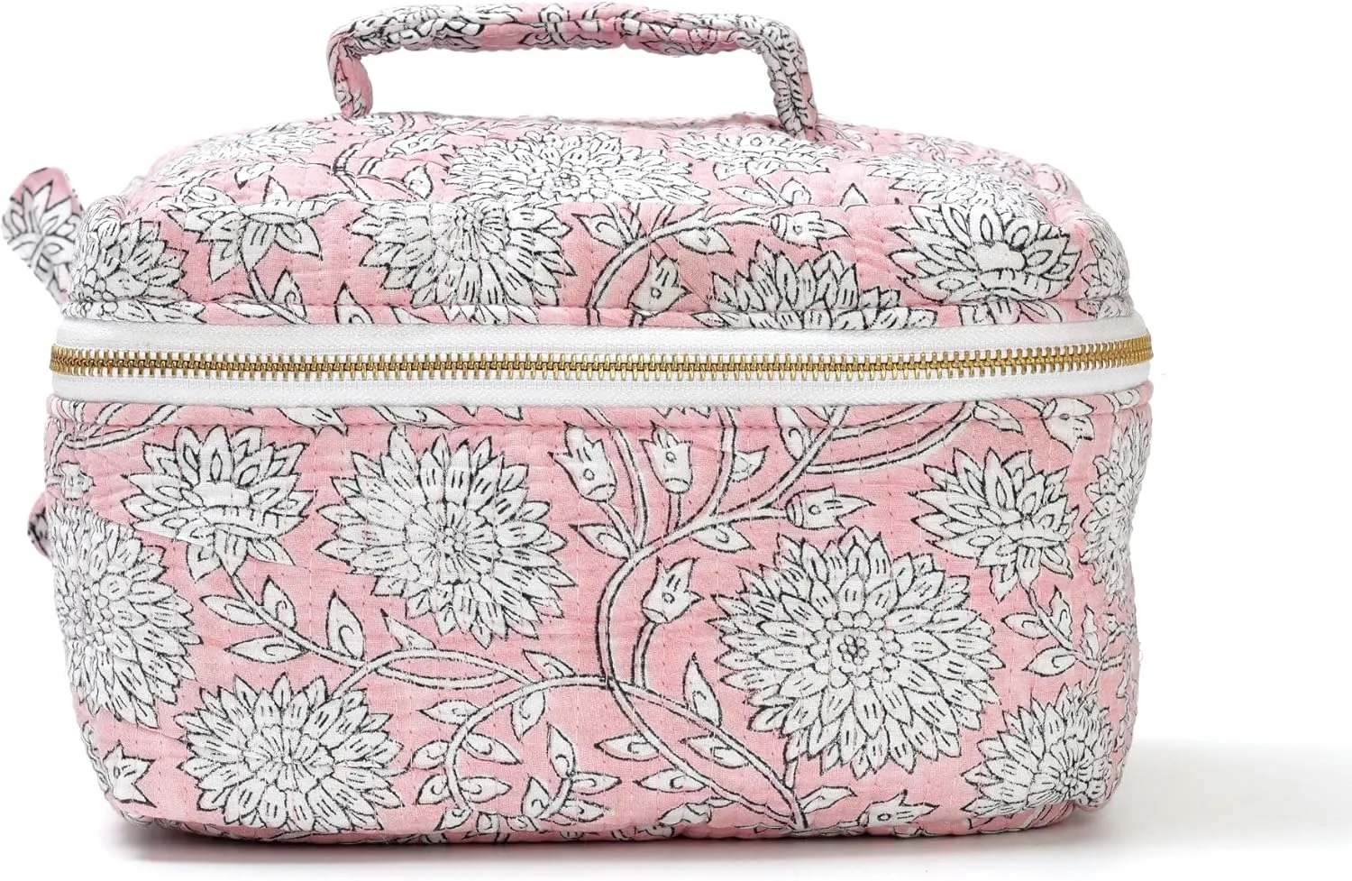 Women’s Quilted Makeup Bag with Handle, Large Capacity Cosmetic Bags, Beauty Essentials & Travel Storage Bag For Womens & Girls (Pink)