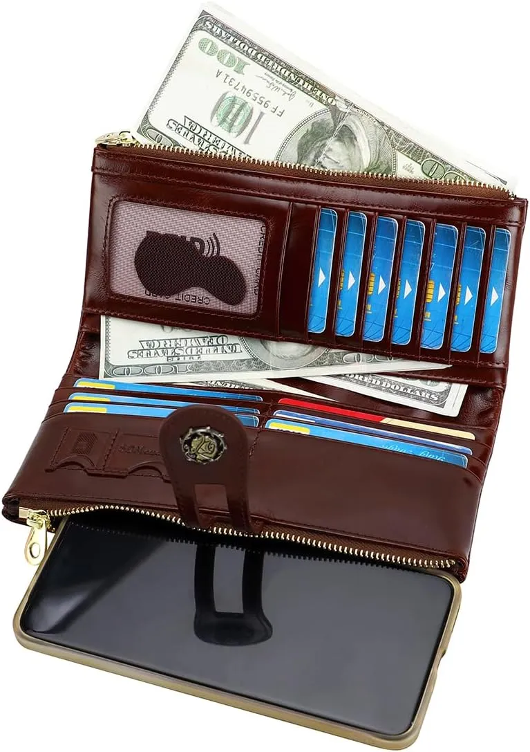 Women's RFID Blocking Wallet Soft Leather Clutch Money Ladies Purse Slim Card Holder Organizer Zip Pocket (3013-Coffee)