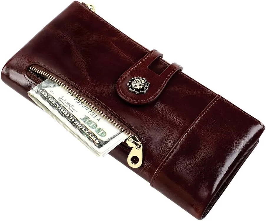 Women's RFID Blocking Wallet Soft Leather Clutch Money Ladies Purse Slim Card Holder Organizer Zip Pocket (3013-Coffee)