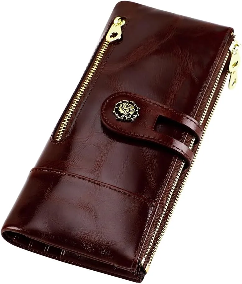 Women's RFID Blocking Wallet Soft Leather Clutch Money Ladies Purse Slim Card Holder Organizer Zip Pocket (3013-Coffee)