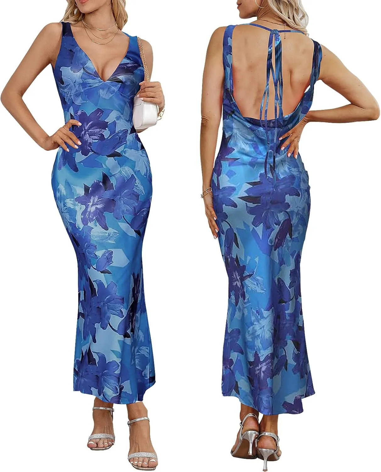 Women's Satin Elegant Maxi Dress V-Neck Sleeveless Backless Bodycon Long Dress Mermaid Formal Cocktail Wedding Guest Dresses