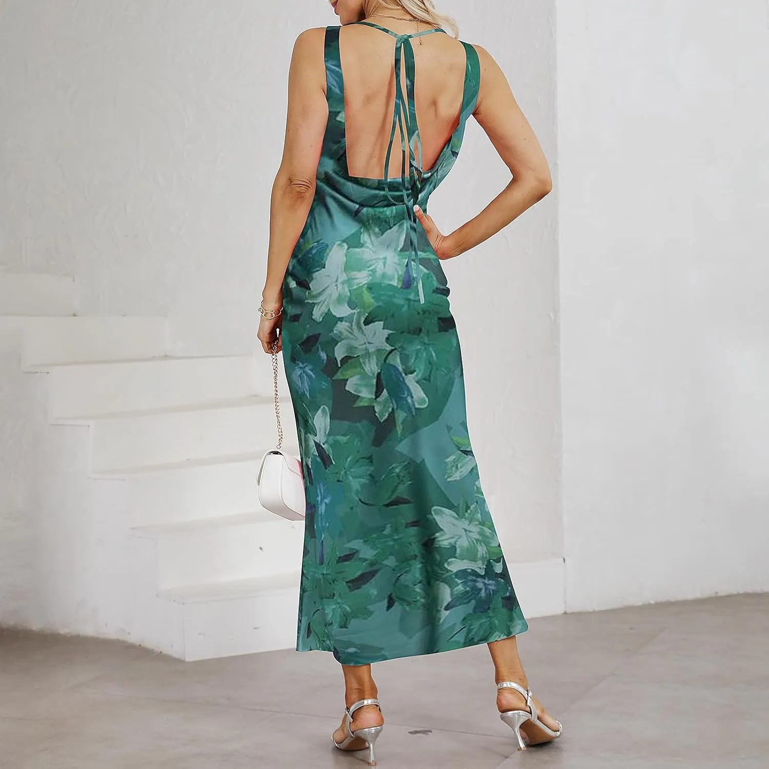 Women's Satin Elegant Maxi Dress V-Neck Sleeveless Backless Bodycon Long Dress Mermaid Formal Cocktail Wedding Guest Dresses