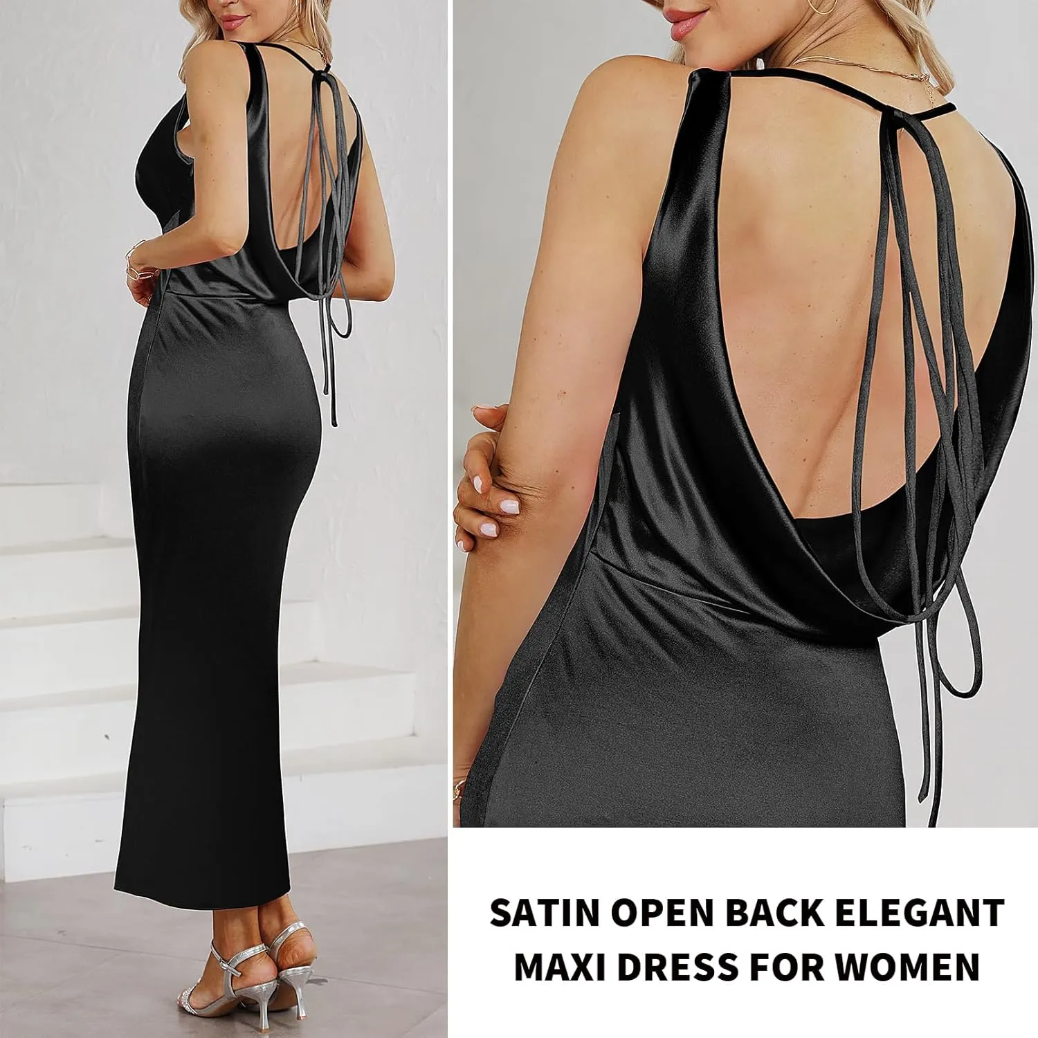Women's Satin Elegant Maxi Dress V-Neck Sleeveless Backless Bodycon Long Dress Mermaid Formal Cocktail Wedding Guest Dresses