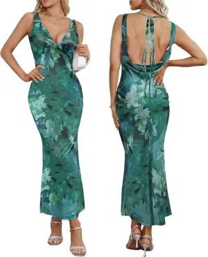 Women's Satin Elegant Maxi Dress V-Neck Sleeveless Backless Bodycon Long Dress Mermaid Formal Cocktail Wedding Guest Dresses