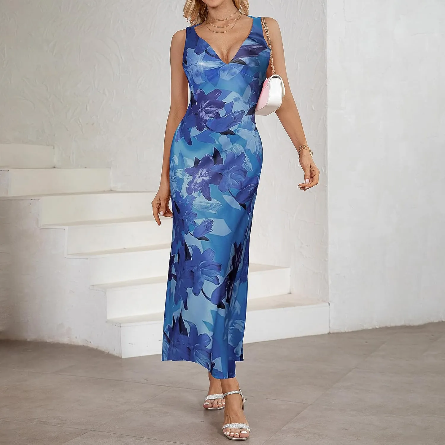 Women's Satin Elegant Maxi Dress V-Neck Sleeveless Backless Bodycon Long Dress Mermaid Formal Cocktail Wedding Guest Dresses