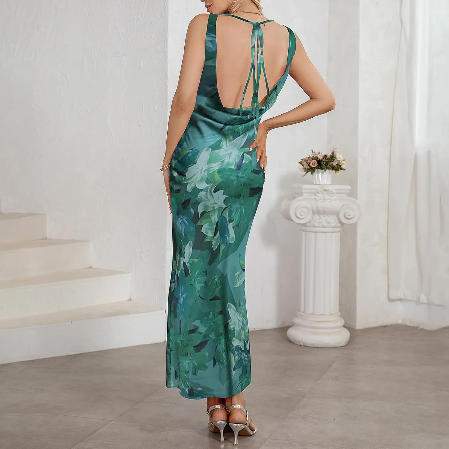 Women's Satin Elegant Maxi Dress V-Neck Sleeveless Backless Bodycon Long Dress Mermaid Formal Cocktail Wedding Guest Dresses