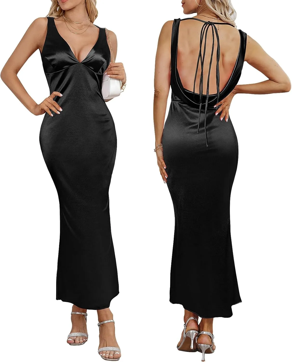 Women's Satin Elegant Maxi Dress V-Neck Sleeveless Backless Bodycon Long Dress Mermaid Formal Cocktail Wedding Guest Dresses