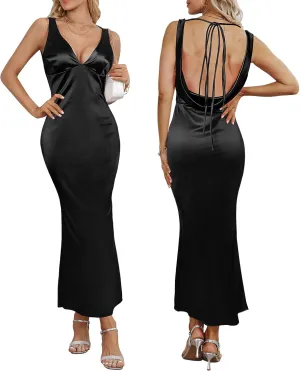 Women's Satin Elegant Maxi Dress V-Neck Sleeveless Backless Bodycon Long Dress Mermaid Formal Cocktail Wedding Guest Dresses